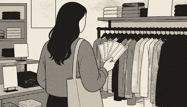 A shopper seen from behind in a clothing aisle, holding a fan of blank coupons